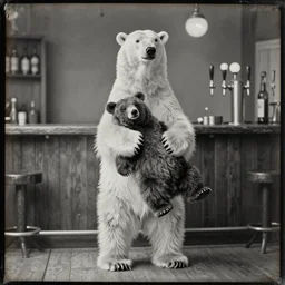 a still of polar bear holding a bear at a bar, standing on two legs on the floor. beer tap. daguerrotype