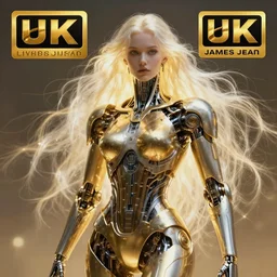 gold and silver tones, cybernetic war, style of moebius, james jean, mcbess, long glowing ethereal hair, cinematic, highly detailed, award winning, 8 k photorealistic