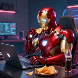 iron man without helmet eats chips and plays laptop in detailed gamer room, coke and chips on table, cyberpunk concept art, trending on artstation, highly detailed, digital art, 8 k