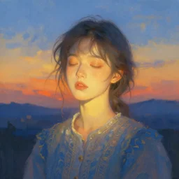 overexposed portrait of a beautiful girl, sunset, intimate, eyes closed, faded shades of blue and orange and yellow, beautiful face, rule of thirds, intricate outfit, spotlight, by greg rutkowski, by jeremy mann, by francoise nielly, by van gogh, digital painting