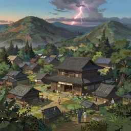 concept art painting of a tavern with european and japanese architecture, in a small medieval village surrounded by trees, in a mountain valley, evening, sunset lightning, realistic, highly detailed, cel shaded, in the style of makoto shinkai and greg rutkowski and james gurney