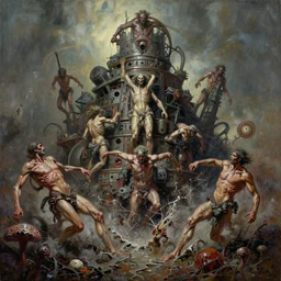 oil paint of flayed god machines in tiers, action crash, battling geocracking, fungal pit, trash patina sheen rotting, by alberto bontempi, alex ross, shigeru komatsuzaki, wayne d barlowe, stefano tamburini, narrative light, muted colors, epic, hyper detailed, awe inspiring, award winning horror, narrative lighting, hyper realism, cine