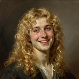 Painting of Johan Liebert with long fluffy curly blond hair. beautiful long golden blonde hair. Young. Smiling. Happy. Cheerful. Art by william adolphe bouguereau. Very very very very very very very very very very very very much detailed. Beautiful. 4K. Award winning.