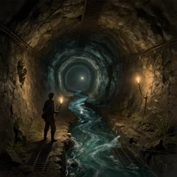 an adventurer with a torch stands in a long twisting sewer tunnel. a waist - deep stream with brackish water flows through. fantasy art, underground, crumbling masonry, bleak, sewage falling from grates, abandoned spaces, torchlight. concept sketch for darkest dungeon.