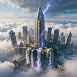 city in the clouds by paolo eleuteri serpieri and tomer hanuka and chesley bonestell and daniel merriam and tomokazu matsuyama, lightning, waterfalls, viewed from a low angle, unreal engine, high resolution render, featured on artstation, octane, 8 k, highly intricate details, vivid colors