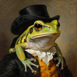 a head and shoulders portrait painting of an anthropomorphic!!!!!!!!!! amazon milk frog!!!!!!!!!! wearing a colonial outfit without a hat looking off camera, a character portrait, neoclassicism, history painting, oil on canvas, dense brushstrokes