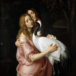 beautiful woman embracing a crane at night. painting by botticelli, audubon, georges de la tour.