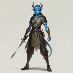 D&D character concept art of a tiefling, tiefling rogue, blue skin color with short horns and a devil tail, casual pose of a Rogue holding daggers, full body pose, soft colors, fantasy, intricate, elegant, highly detailed, digital painting, artstation, concept art, smooth, sharp focus, illustration