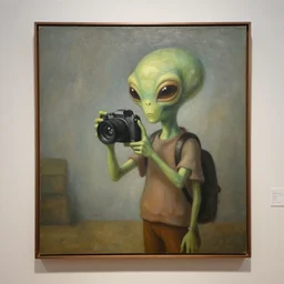 museum painting, alien boy holding camera by artgerm