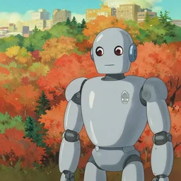 a close - film still of a gouache ghibli pixar painting style autumn forest city, close up at the robot, trending on pixiv fanbox, painted by greg rutkowski makoto shinkai takashi takeuchi studio ghibli, aki