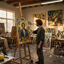 a standing artist in the middle of an full atelier drawing a self portrait of him as an oil painting in an chaotic but beutiful and huge atelier while some sunlight comes through the other paintings, behind view, golden hour, positive mood low energy.