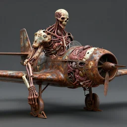 technobiological rusty fighter aircraft consisting of bones and guts and iron and meat and skin and veins and kidneys and entrails. biopunk, bodyhorror, very rust, high detail, photorealism, full length view, concept art, octane render, cgsociety by hermann nitsch