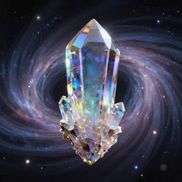 Close-up of an iridescent crystal in space inside against the background of a time vortex, magic, fantasy, realism, beautiful, epic, dream, realism, photo, 8K, high quality, high resolution, HDR, 4K, lossless
