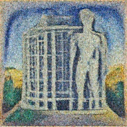 artwork of a building, with a large visible humanoid and a visible scenery in the style of joan miro,