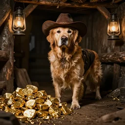 a dirty golden retriever in a dark mine wearing a wild west hat and jacket with large piles of gold and gold nuggets nearby, dim moody lighting, wooden supports, lanterns, stylized photo