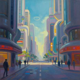 a beautiful painting of a retro future city street, ray traced lighting by jean claude mezieres