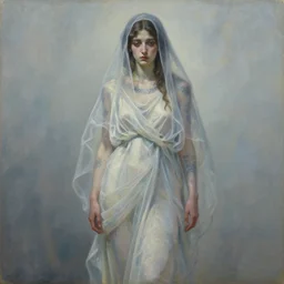 loose painting of a sad, fragile, cool, beautiful, veiled, girl covered in tattoos and translucent, flowing, greek dress, endless flowing ethereal drapery, classical greece, alla prima, oil painting, by giovanni strazza, sargent and raffaelo monti, arranged in the golden ratio, epic composition, face fully visible, trending in artstation