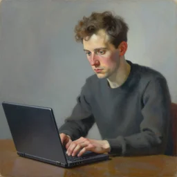 human laptop HD photo 3d 8k resolution, Portrait by Zdzislaw Beksinski and Jeffrey Smith, oil on canvas