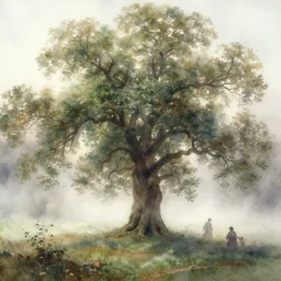 watercolor painting of oak tree in foggy spring, morning, mythological art by hans gude, romance art by hans dahl, by jesper ejsing, art by anders zorn, wonderful masterpiece by greg rutkowski, cinematic light, american romanticism by greg manchess, creation by tyler edlin