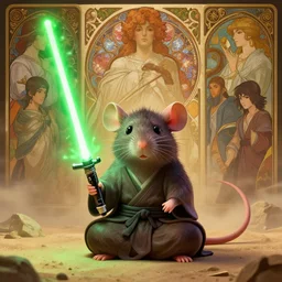 highly detailed portrait of a cute rat as a jedi meditating in a sandy area with green lightsaber floating, stephen bliss, unreal engine, fantasy art by greg rutkowski, loish, rhads, ferdinand knab, makoto shinkai and lois van baarle, ilya kuvshinov, rossdraws, tom bagshaw, alphonse mucha, global illumination, radiant light, detailed and intricate environment