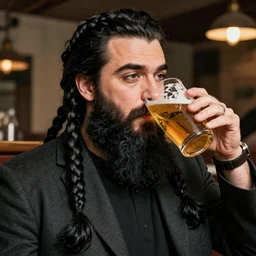 Jean Giraud style colin farrel with long black forked braid beard thick eyebrows drinking a pint of beer