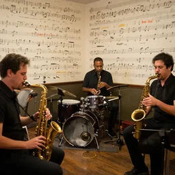 a bebop jazz band rehearsing in a room wallpapered with colorful musical notation