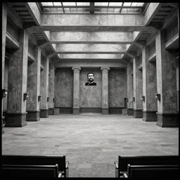 60s movie still of a giant stalinist style empty hall, by Irving Penn , cinestill 800t 35mm black and white, heavy grainy picture, very detailed, high quality, 4k, HD criterion, precise texture, panoramic, cinematic