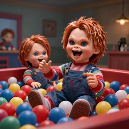 screaming chucky doll playing in ball pit, ball pit with playing screaming chucky doll by greg rutkowski and thomas kinkade, trending on artstation, 3 d render octane