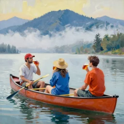 “ 3 people sitting in canoe on the hudson river drinking beer, mountains in fog background, vibrant colors, sharp detail, oil painting, by george bellows ”
