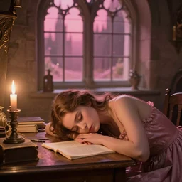 Study background, warm tones, night, window, lots of detail, midevil, girl laying head on desk, sleep, magic, warm lighting, pink aesthetic