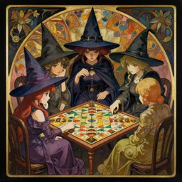 nendoroid witches playing board games by alphonse mucha, dark canvas, in the style of edward hopper rodcenko yue minjun caravaggio, intricate details, hard shadows, artstation