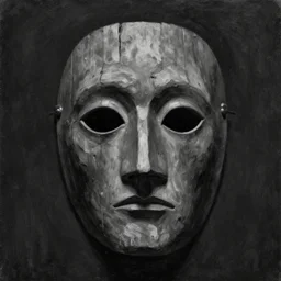dark monochrome oil painting of an old creepy mask made of wood