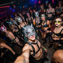 selfie at a provocative techwear packed busy rundown nightclub, lots of people, males and females breakdancing, variety of sharp sparkly creepy masks, harnesses and garters, psychedelic punk makeup, some people holding drinks, retrofuturism, brutalism, cyberpunk, sigma 85mm f/1.4, 15mm, 35mm, tilted frame, long exposure, 4k, high resolution, 4k, 8k, hd, wide angle lens, highly detailed, full color, harsh light and shadow, intoxicatingly blurry