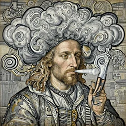 Portrait of a hipster vaping large smoke clouds. Painting by Albrecht Dürer. Intricate details. hyper realism. Masterpiece.