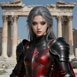 portrait grey hair knights of zodiac girl + smoky eyes, matt black / little red color armor in ruined agora of athens, ssci - fi and fantasy, intricate and beautiful and elegant, highly detailed, digital painting, artstation, concept art, frostbite engine, smooth and sharp focus, illustration, art by tian zi and wlop and alphonse mucha