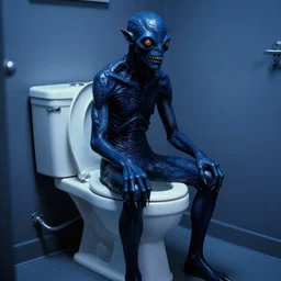 one dark blue creature in the style of HP Lovecraft and H.R. Giger, sitting on a toilet. 90s color scheme. Color photograph from 1990’s color sci-fi film.