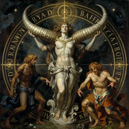 occult diagram of the horn of victory, alphabet of desire in the style of wayne barlowe, gustav moreau, goward,  Gaston Bussiere and roberto ferri, composition by austin osman spare
