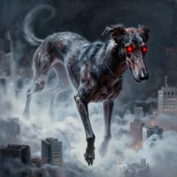 very oily aggressive painting of a demon borzoi with glowing red eyes floating above the clouds looking down on humanity, a short but twisted body, borzoi, venom movie, ghostly form, cities below him, transparent, d & d, highly, in the style of frank miller, detailed art, digital art, art stations, concept art, sharp focus, illustration, cinematic lighting, paint