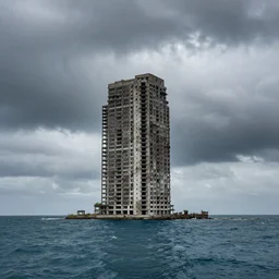 Abandoned skyscraper in the middle of the ocean, far away photo, storm weather, HDR
