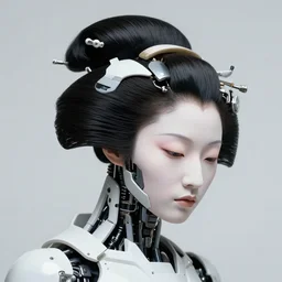 fine art portrait head shot minimal geisha cyborg mech by ilm and bill sienkiewicz and emmanuel shiu, zaha hadid, simplified neo - futuristic tactical, head down pose feminine, studio, mamiya 6 5 mm, iso 4 0 0, f / 5. 6, hyperrealism, studio lighting, studio, high detail, sharp focus, trending artstation, cgsociety