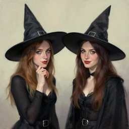 a realistic flirty witch sisters portrait, by edward hopper, new artstation artist,