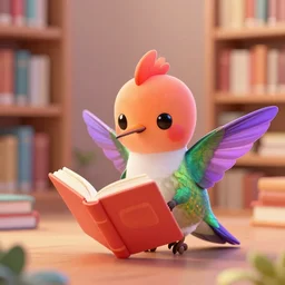 A cute adorable hummingbird flaming phoenix reading a book in a library | Detailed | HD | Digital Art | 2018 | Modern | DC | Color | Glossy | 3D | Raytraced | Award Winning |  Artstation | Trending | Viral | Colorful | Amazing | Cute | Artistic | Soft Lighting | Cell Shader | Lovely | Fanart | Soft | Artwork | Hard Line