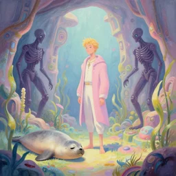 beautiful digital fantasy illustration of a Prince in pastel!!!, whimsical acrylic modern pop surrealism, Even Giger-y dark overlords living in the ruins of an ancient system of tunnels and caves like to be comfy every once in a while!, A seal sleeping peacefully in a kelp forest, highly detailed, soft lighting, rendered in octane, masterpiece, very very very aesthetic