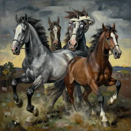 horses entangled by jenny saville and ryohei hase, jumping, running, struggle, wide eyes, motion, guernica