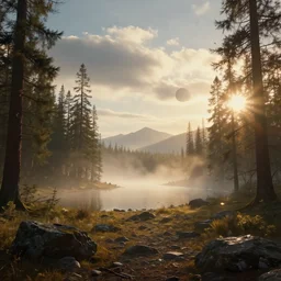 epic crystalline forest with a lake, golden hour, misty ground, rocky ground, distant mountains, hazy, atmospheric perspective, altostratus clouds, planets, cinematic, 35mm lens, anamorphic lens flare, photographic, octane render, cinematography by roger deakins, in the style of ansel adams, low details,