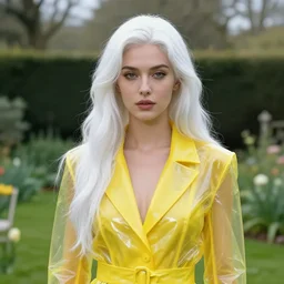 portrait of a woman wearing shiny yellow transparent leather suit in an english garden, english face, refined features, moon goddess, long snow - white hair by jean gerome, edward hopper and james jean, hyper detail, 8 k, high resolution, ultra detailed