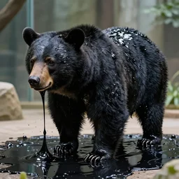 black bear made of ferrofluid, in the zoo exhibit, viscous, sticky, full of black goo, covered with black goo, splattered black goo, dripping black goo, splattered goo, sticky black goo. photography, dslr, reflections, black goo, zoo, exhibit, v - ray, 3 d render, 8 k resolution, hyperreal