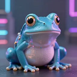 3 5 mm photo of a cute blue frog portrait, with doble exposure of a futuristic cyberpunk city, neon, ultra realistic, detailed, bokeh, 4 k.