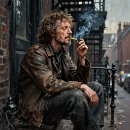 character portrait of a rugged tom waits sitting down on a fire escape smoking a cigarette in gothic london, gothic, john singer sargent, muted colors, moody colors, illustration, digital illustration, amazing values, art by j. c. leyendecker, joseph christian leyendecker, william - adolphe bouguerea, graphic style, dramatic lighting, gothic lighting
