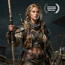 detailed ultrarealistic rustic robust cyberpunk fisher girl, greg rutkowski, thomas kinkade, alan lee cinematic, full shot volumetric lights